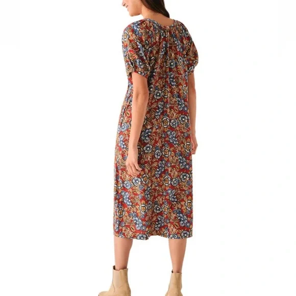 Faherty Carmel Print Linen Blend Midi Dress Size XS Tie Waist Floral Boho Pocket - Picture 15 of 15